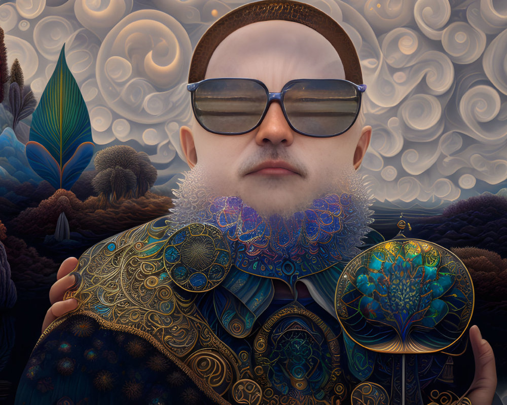 Stylized portrait of man with patterned beard and sunglasses