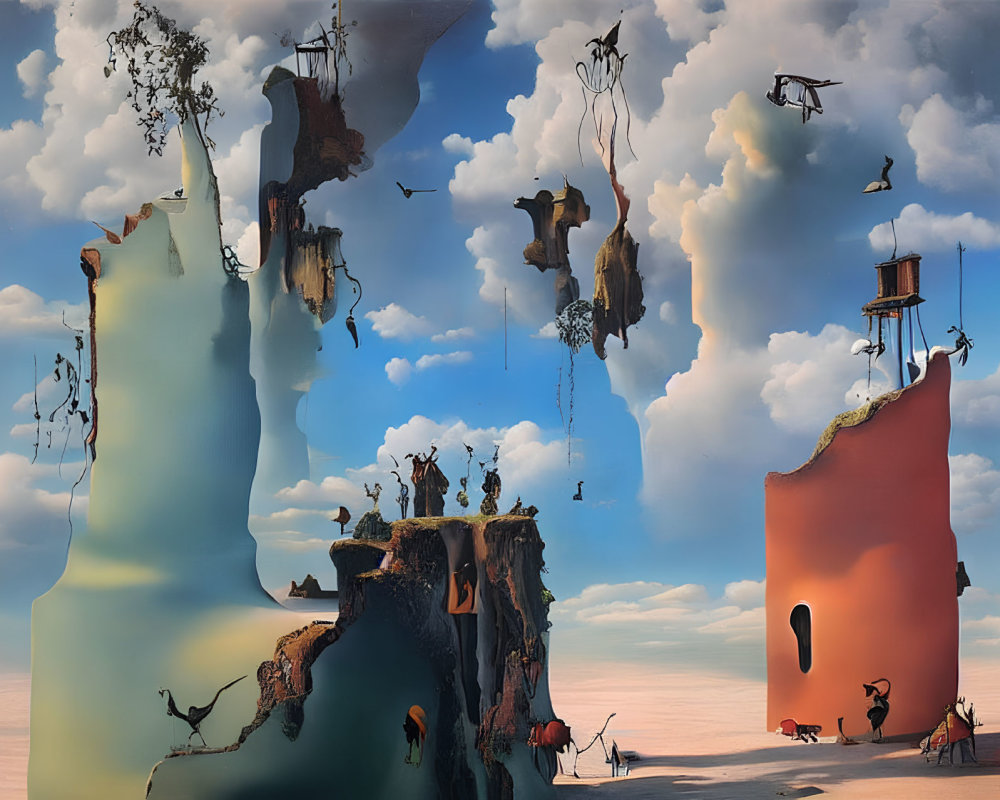 Surreal landscape: floating islands, whimsical structures, imaginary creatures, pastel-hued clouds