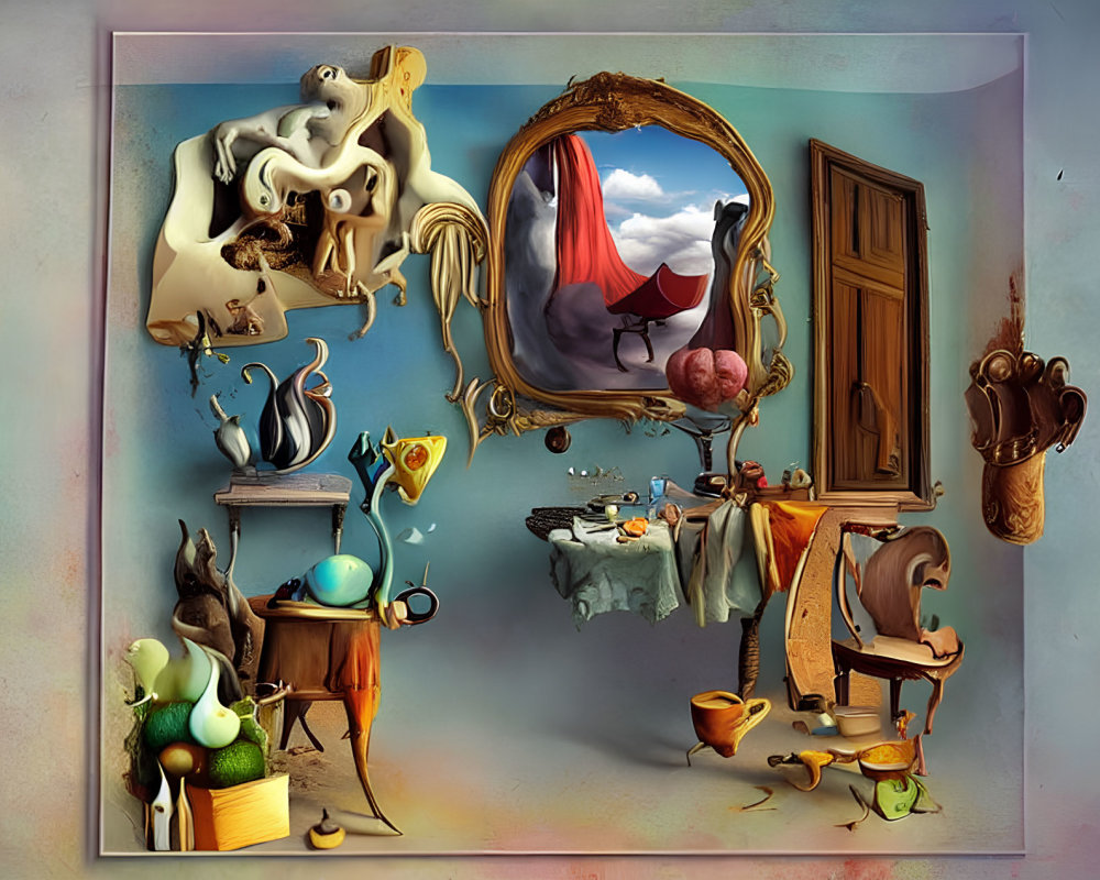 Distorted objects in surrealistic room with ornate mirror and floating elements