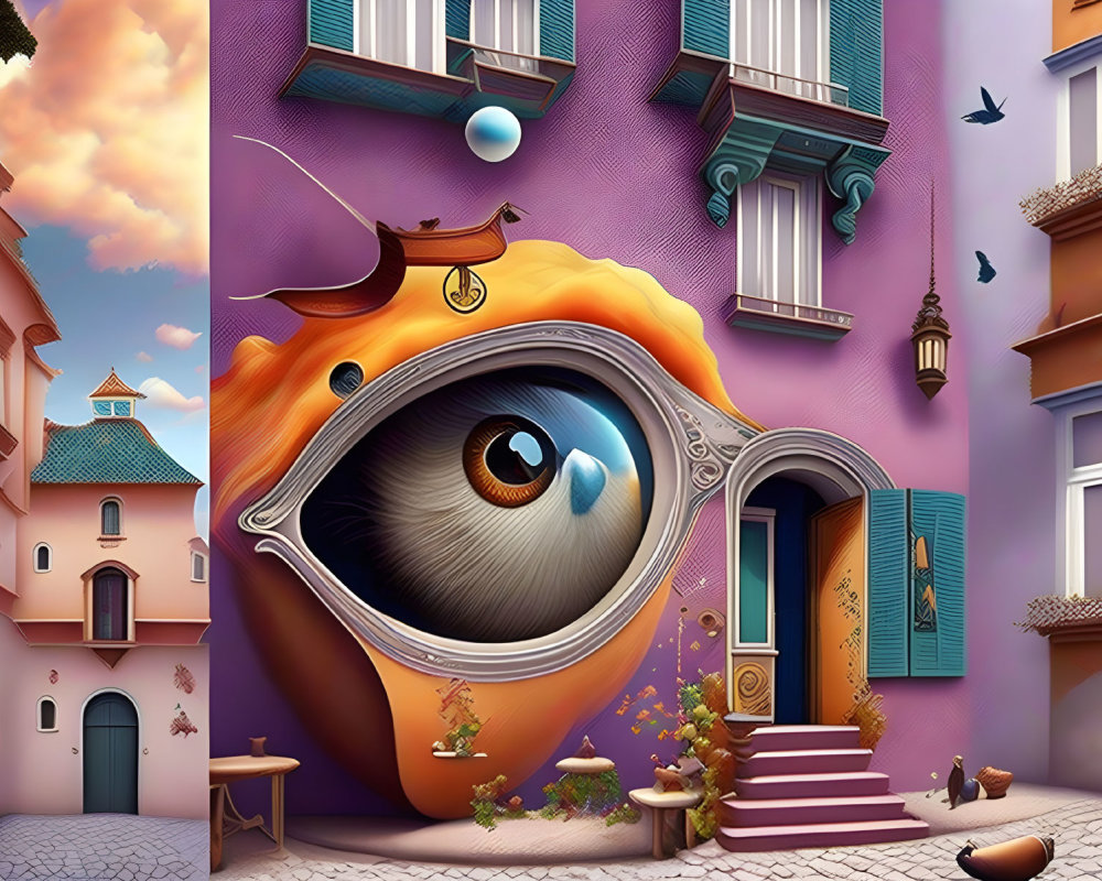 Whimsical building facade with giant eye in eyeglass frames