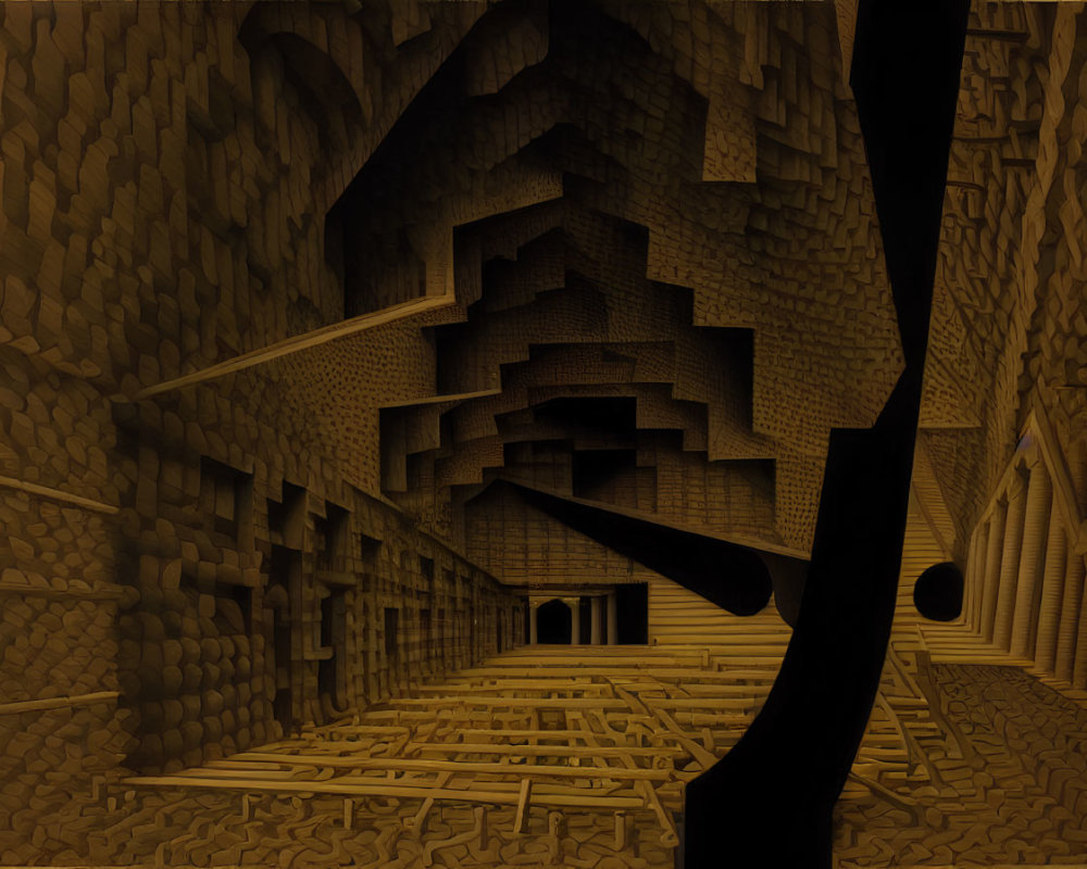 Abstract Escher-like image with impossible geometries and staircases in sepia tone