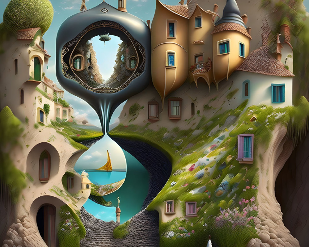 Surreal artwork of hourglass, floating cityscape, river, boat, figure, lush landscape