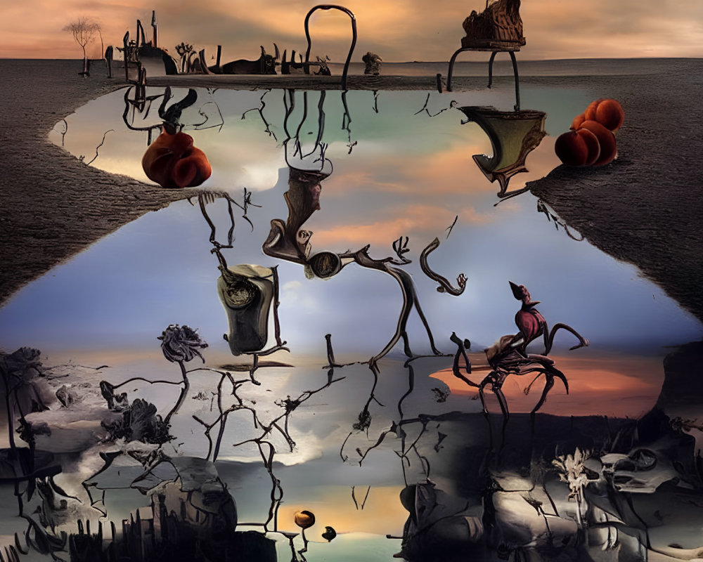 Surreal landscape with mirrored surfaces, whimsical trees, antler-like structures, pumpkins,