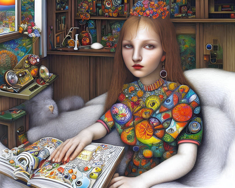 Vibrant surreal painting: Red-haired girl reading with cat in colorful room
