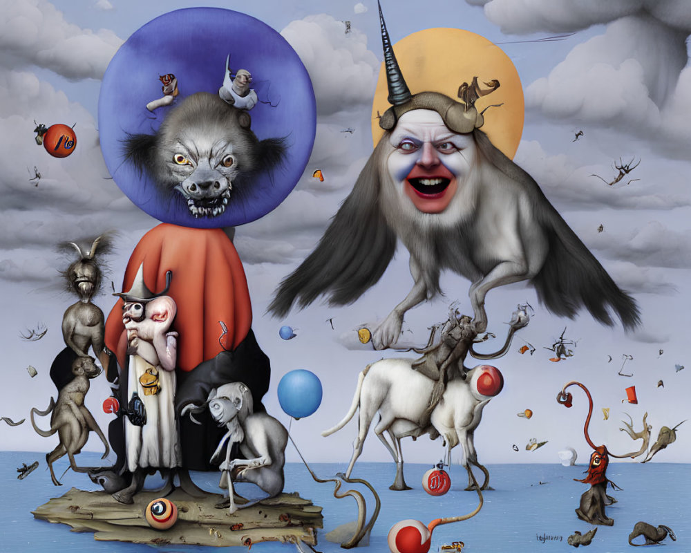Whimsical surreal artwork with anthropomorphic animals and fantasy creatures