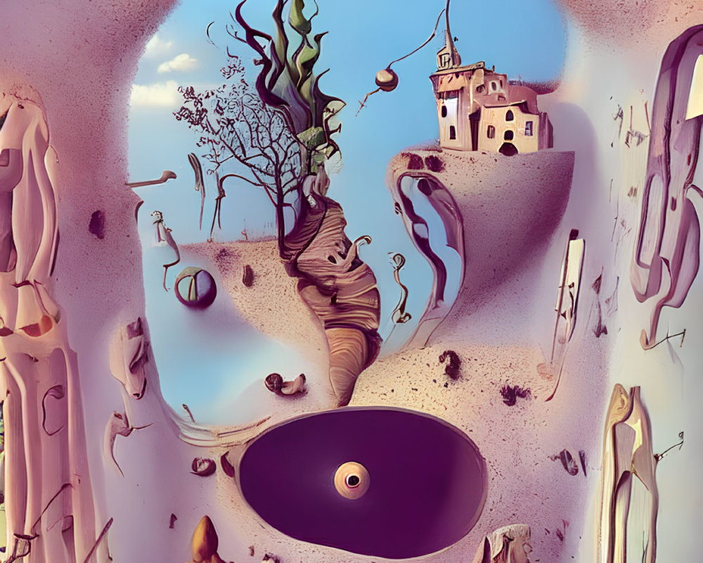 Surreal landscape with floating objects and whimsical elements