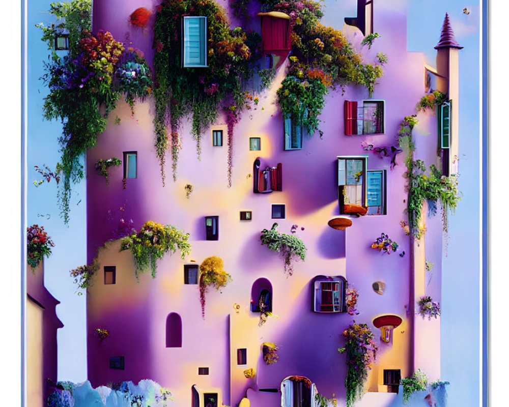 Surreal purple building illustration with whimsical elements under gradient sky