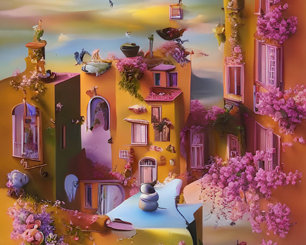 Colorful vertical village with cherry trees, canals, boats, and a man at sunset