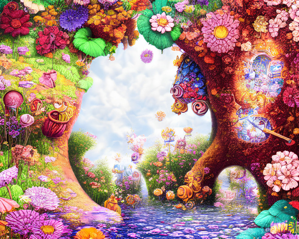 Colorful Fantasy Landscape with Flowers, Tree House, and River