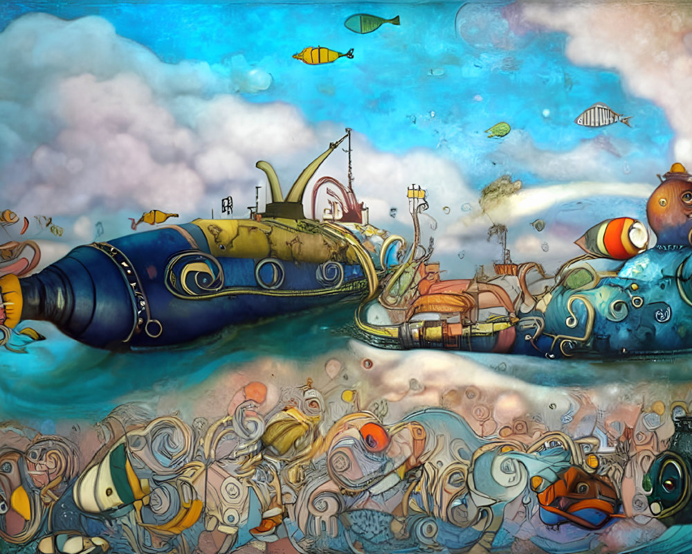 Vibrant underwater scene with whimsical submarine and stylized marine life