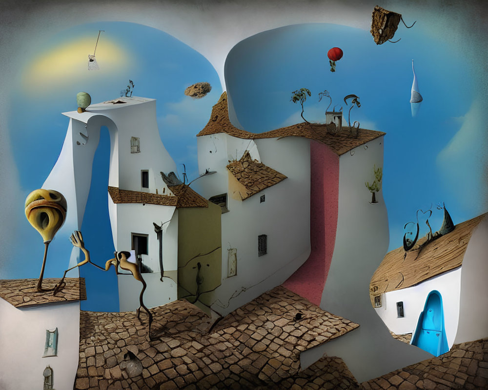 Surreal artwork of warped village with floating elements