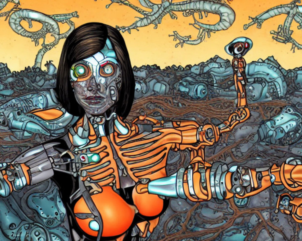 Cyborg female with robotic limbs in desolate landscape.