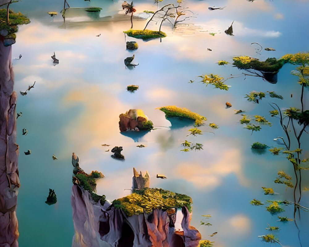 Tranquil landscape with inverted cliffs, reflective waters, vibrant trees, and greenery