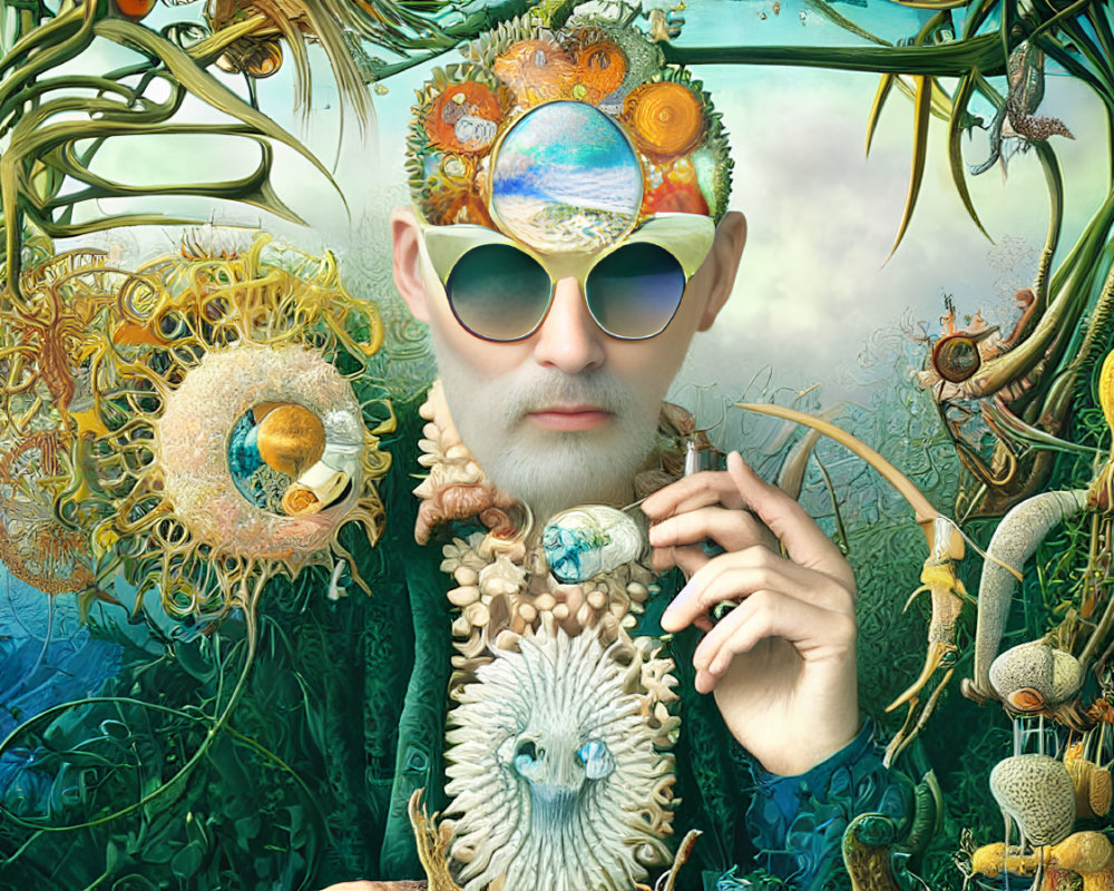 Vibrant surreal portrait with ornate headgear and reflective sunglasses