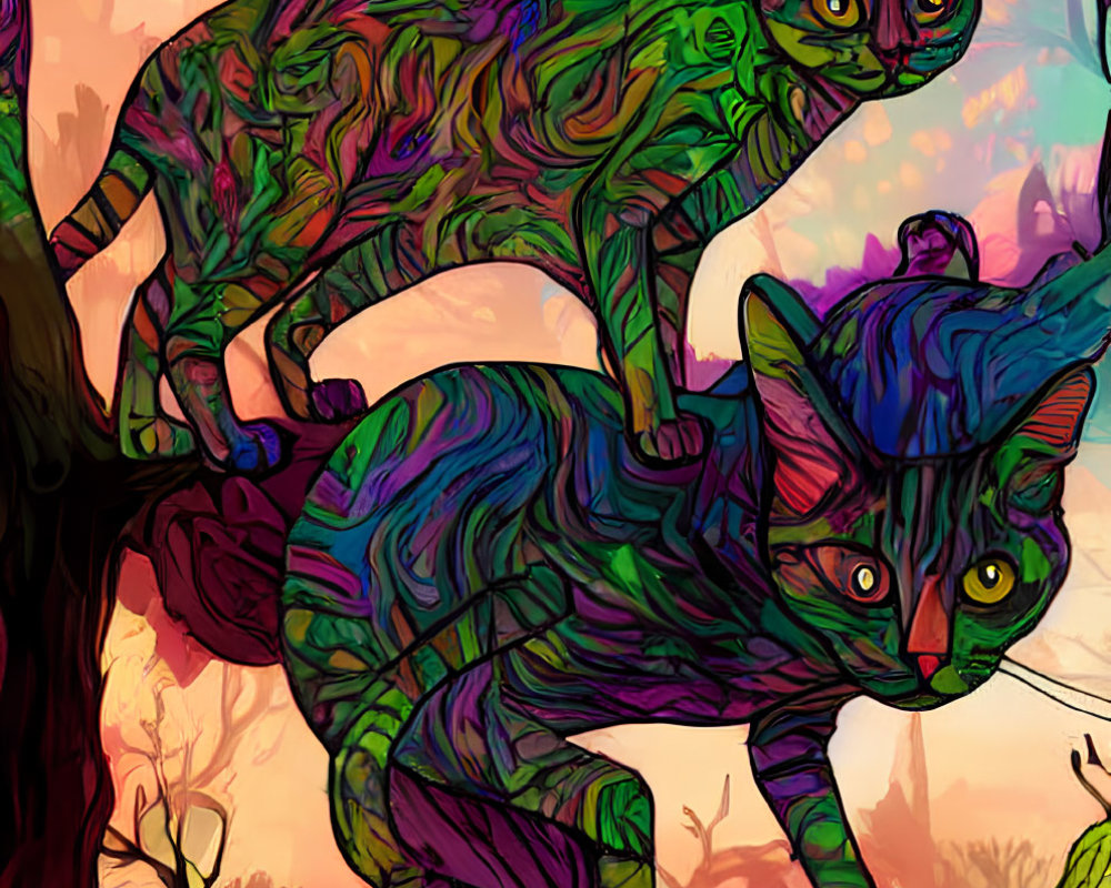Colorful Cats on Intricate Tree in Surreal Forest Sunset