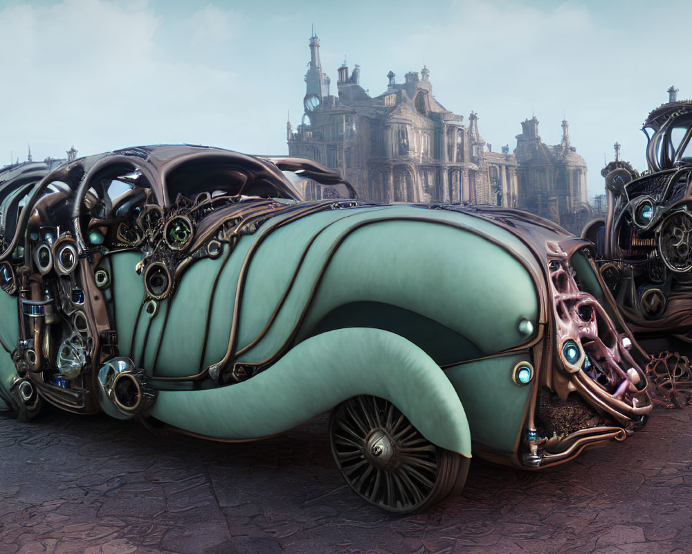 Steampunk-inspired futuristic vehicle against classical architecture