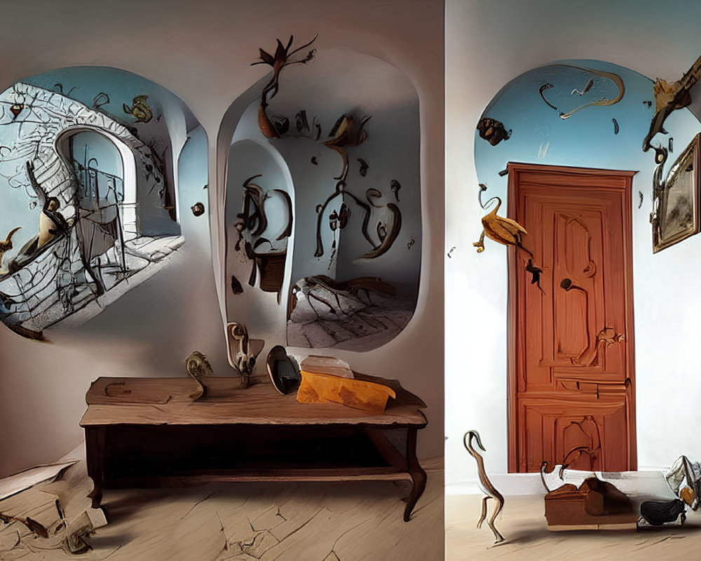 Surreal room with distorted walls, floating musical notes, person on spiral staircase, wooden door