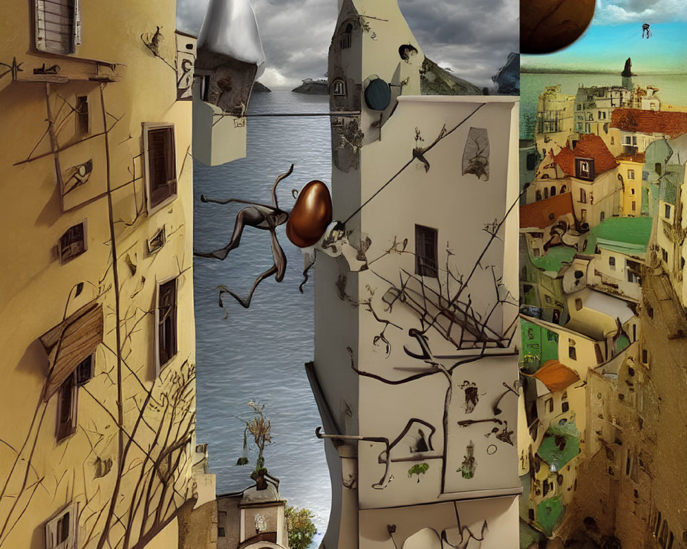 Surreal cityscape collage with ant, paper boat, whimsical architecture & multiple planets