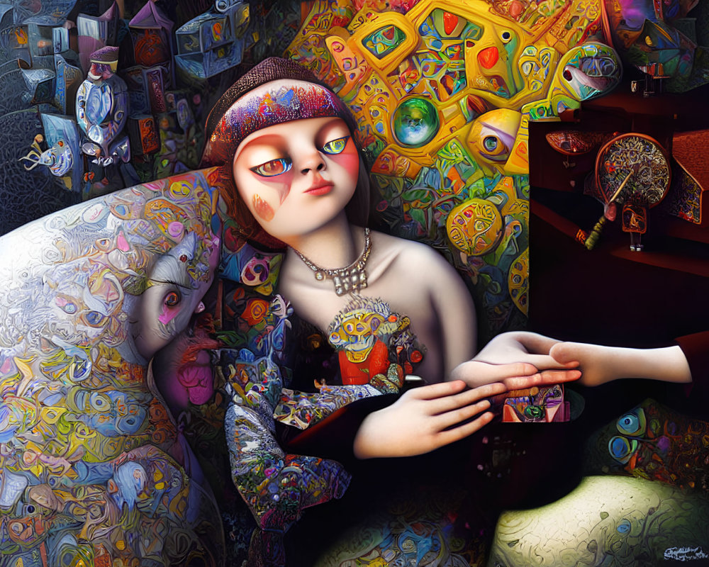 Colorful Surrealist Artwork Featuring Person with Monocle and Crystal Ball