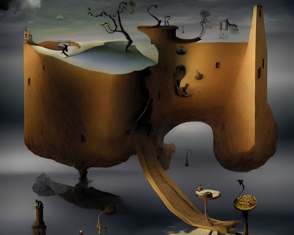 Surreal inverted landscape with staircases and floating objects at dusk