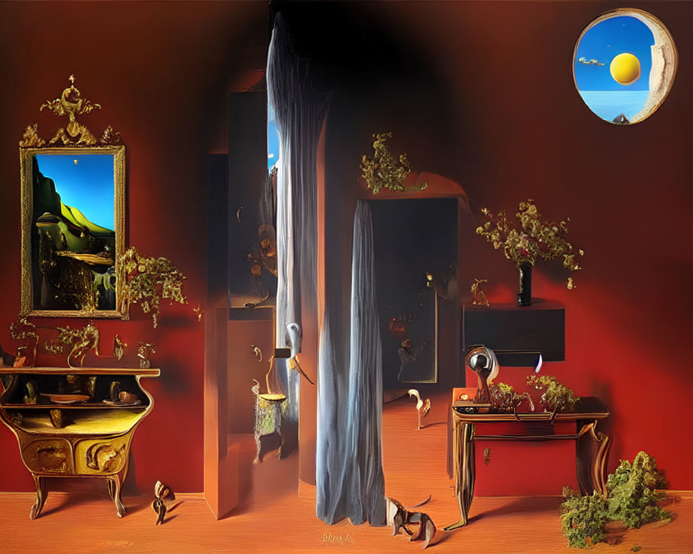 Surreal room with red walls, blue window, golden furniture, and floating sphere
