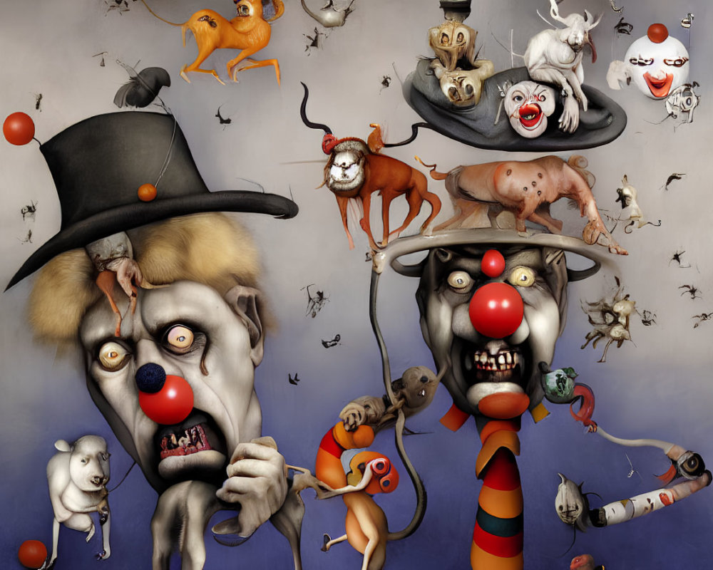 Surreal Artwork: Clown-like Figures, Whimsical Animals, Floating Heads