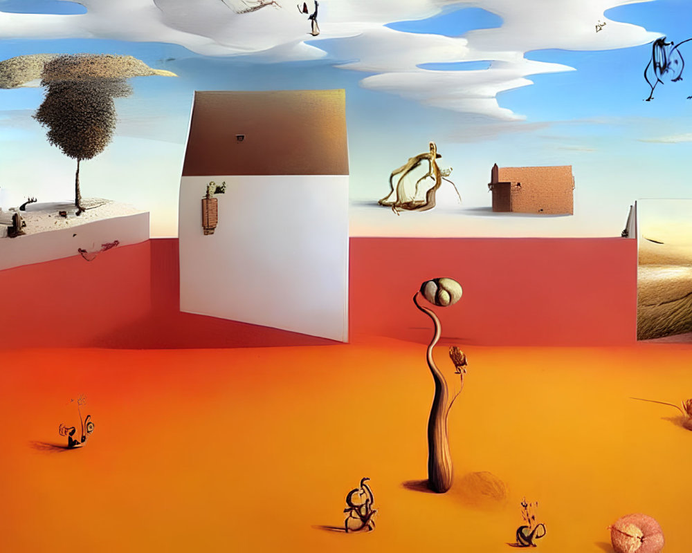 Surreal landscape with floating islands and whimsical sculptures