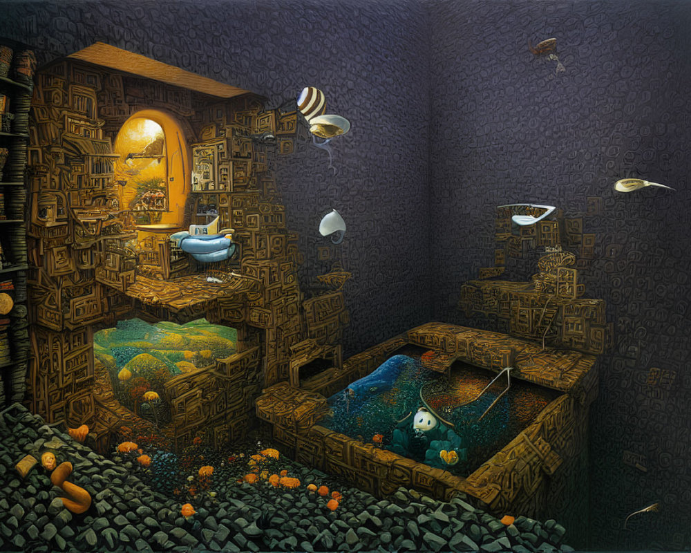 Surreal underwater room with fish, bookshelves, cozy nook, bathtub, and bed