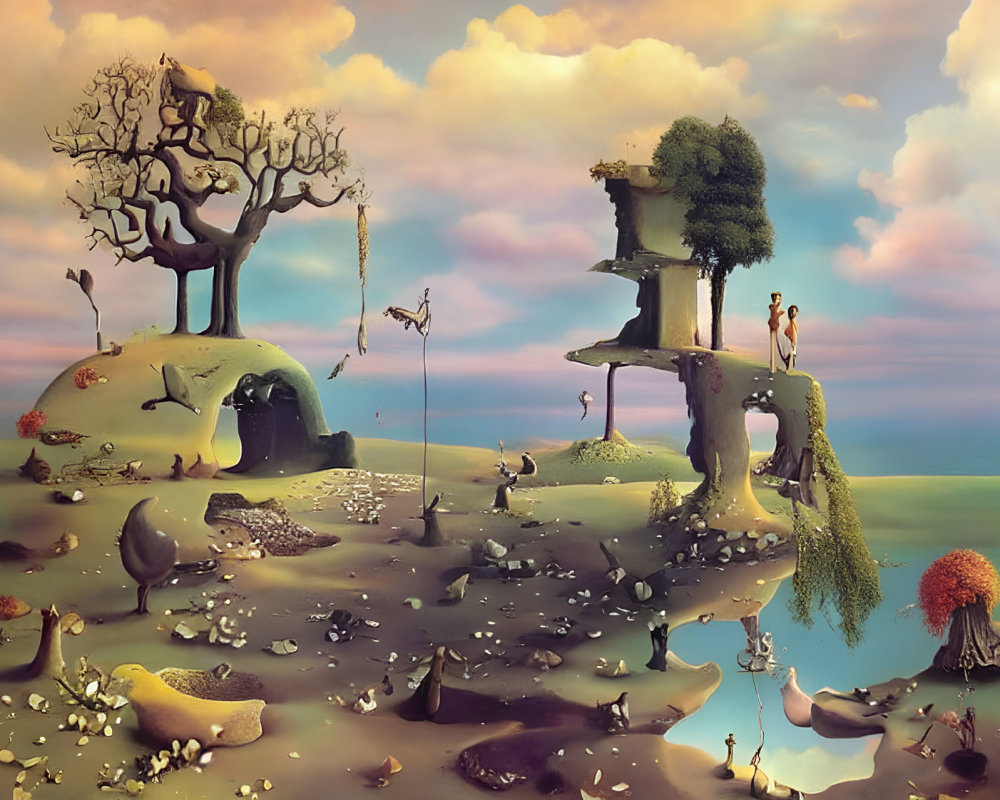Surreal landscape with floating islands and whimsical creatures