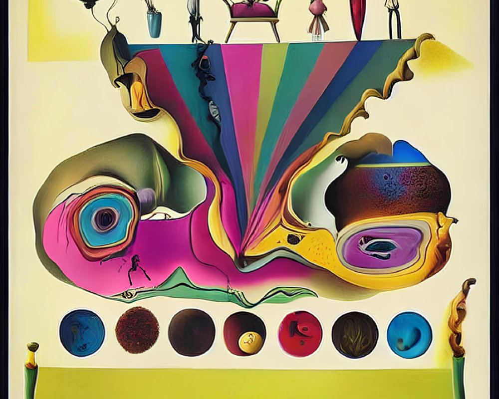 Vibrant surreal art poster with abstract figures and mix of shapes