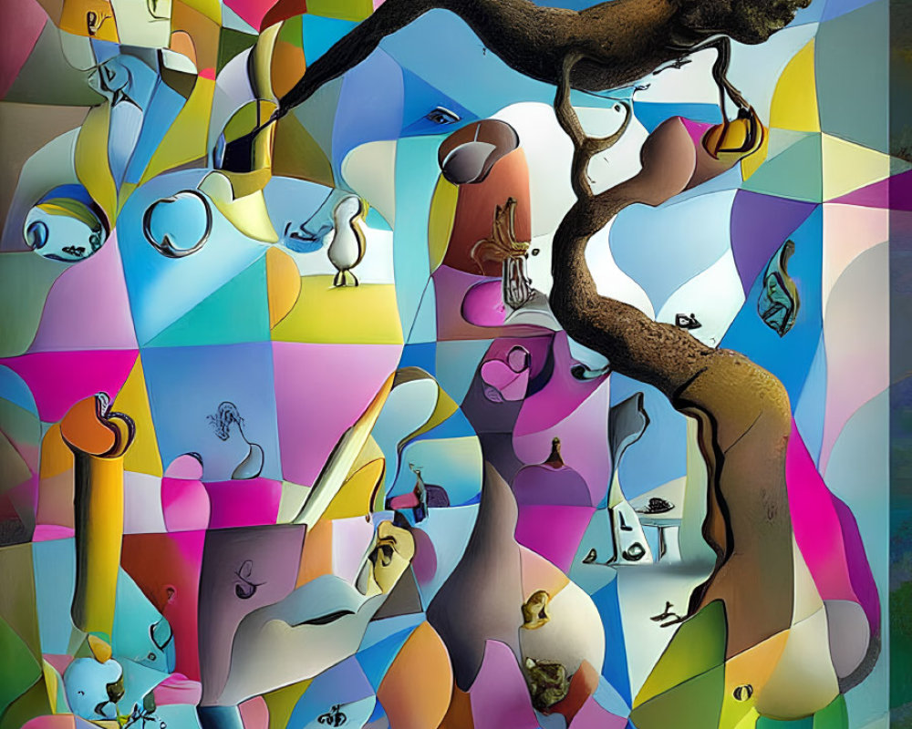 Vibrant abstract artwork with contorted tree, surreal characters, and melting shapes