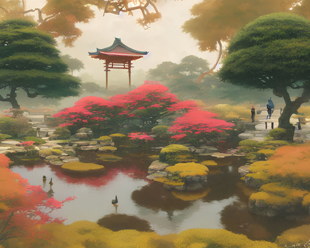 Japanese Garden Scene: Autumn Foliage, Tranquil Pond, Red Pagoda