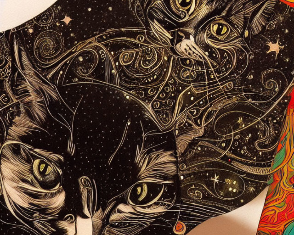 Detailed cosmic-themed cat drawing on paper with starry night sky patterns.