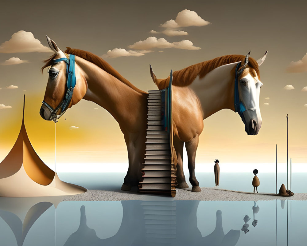 Surreal image: Two-headed horse on island with staircase, cloudy sunset sky