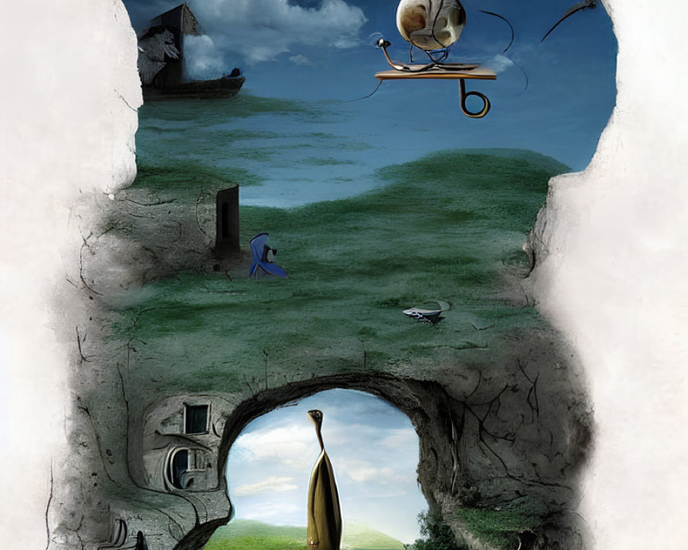 Surreal inverted landscape with floating chair, man, snail, and disjointed elements