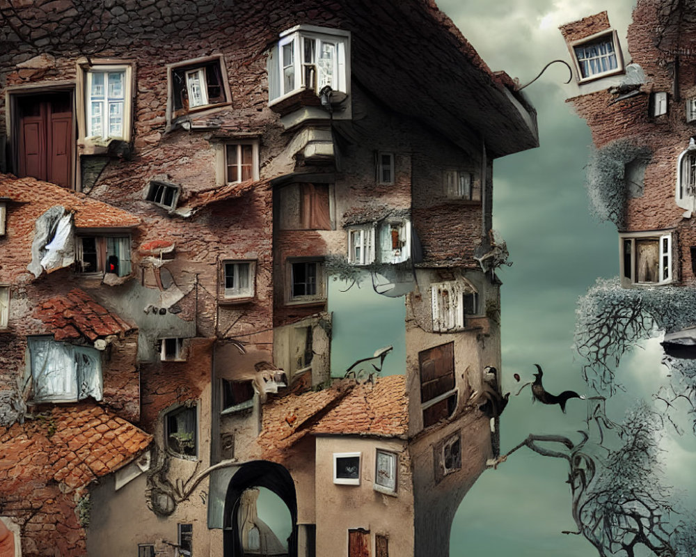 Clustered Gravity-Defying Houses in Surreal Setting