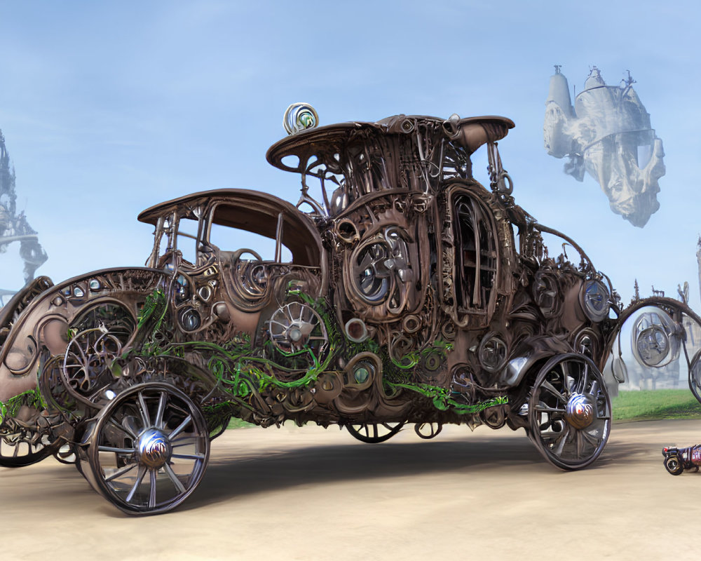 Steampunk-style vehicle with intricate gears and mechanical parts amid flying airships