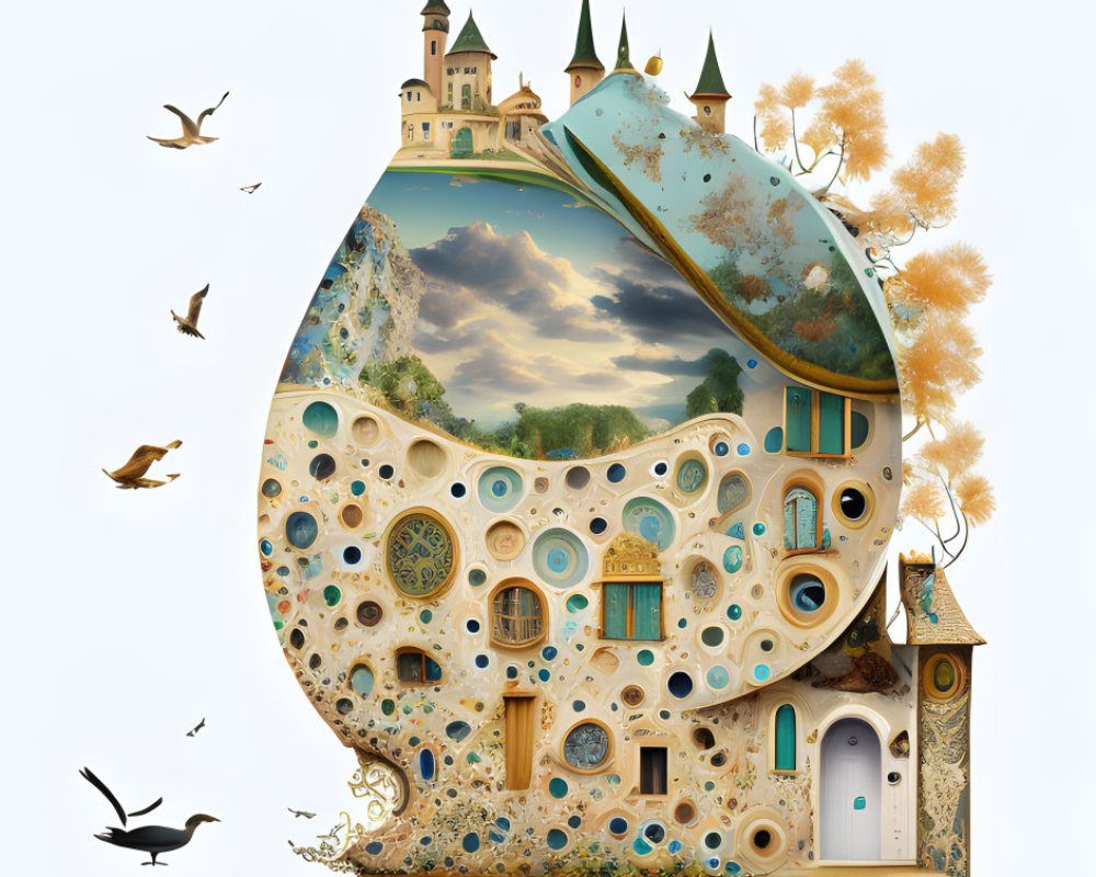 Whimsical artwork of castle on surreal egg-shaped structure