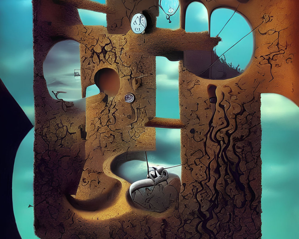 Abstract surreal artwork with clocks, winding stairs, boat, and twilight backdrop