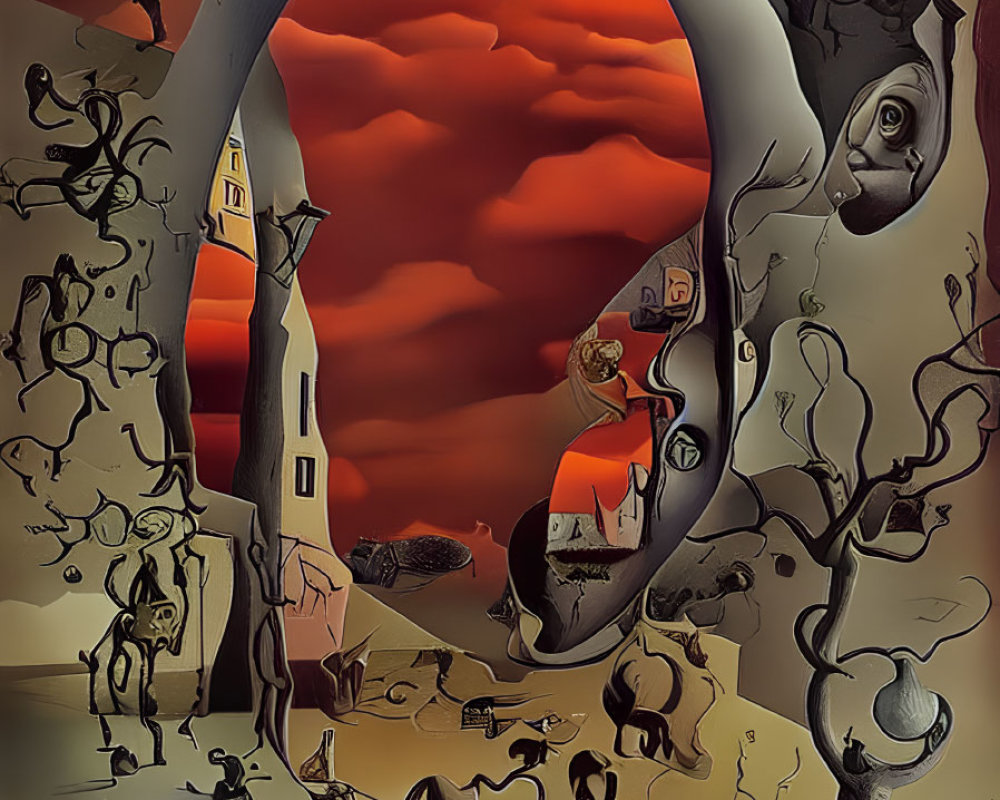 Surrealistic Painting: Archway, Red Sky, Bizarre Creatures & Distorted Figures