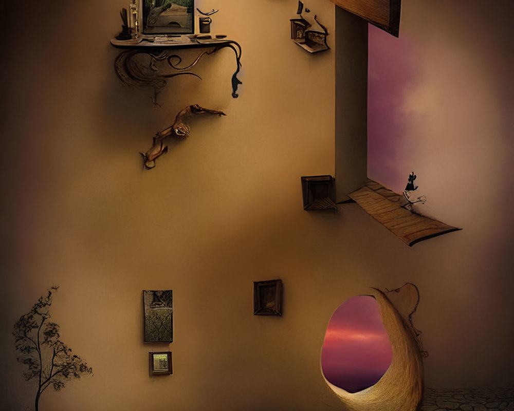 Surreal room with upside-down dog, person on ledge, and furniture on walls