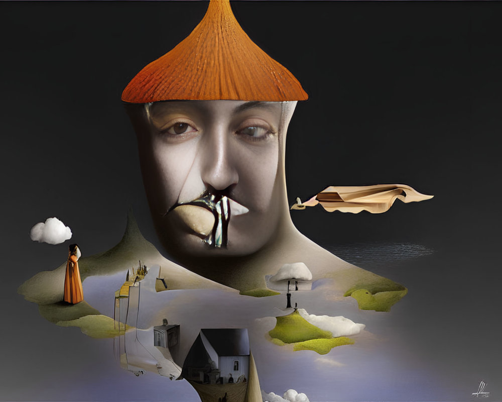 Surreal artwork: face with roof hat, clouds, water, boat, houses integrated.
