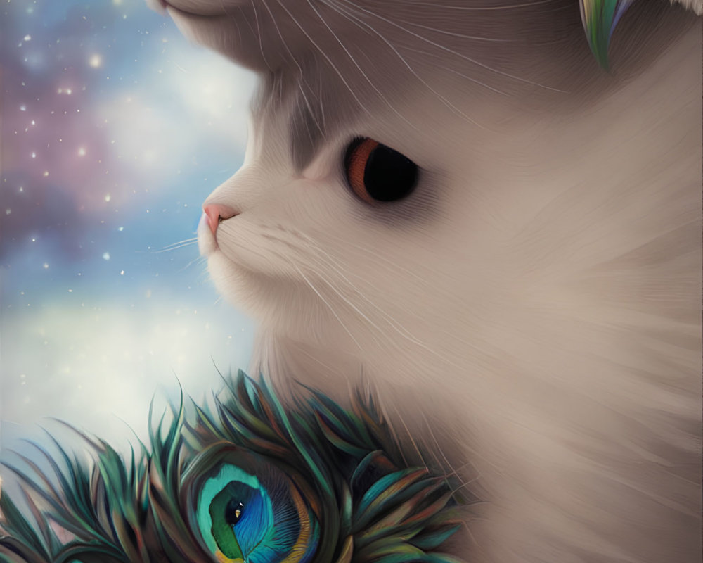 Gray and White Cat with Orange Eyes and Peacock Feather in Cosmic Setting