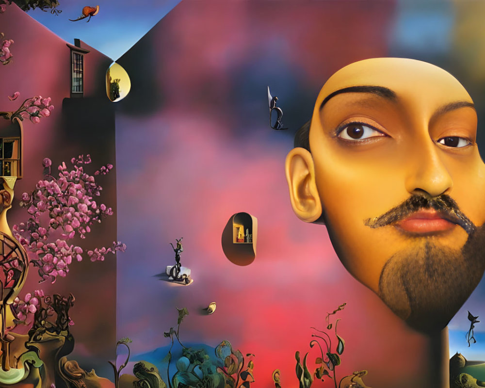 Large Male Face Painting with Nature Elements and Small Figures