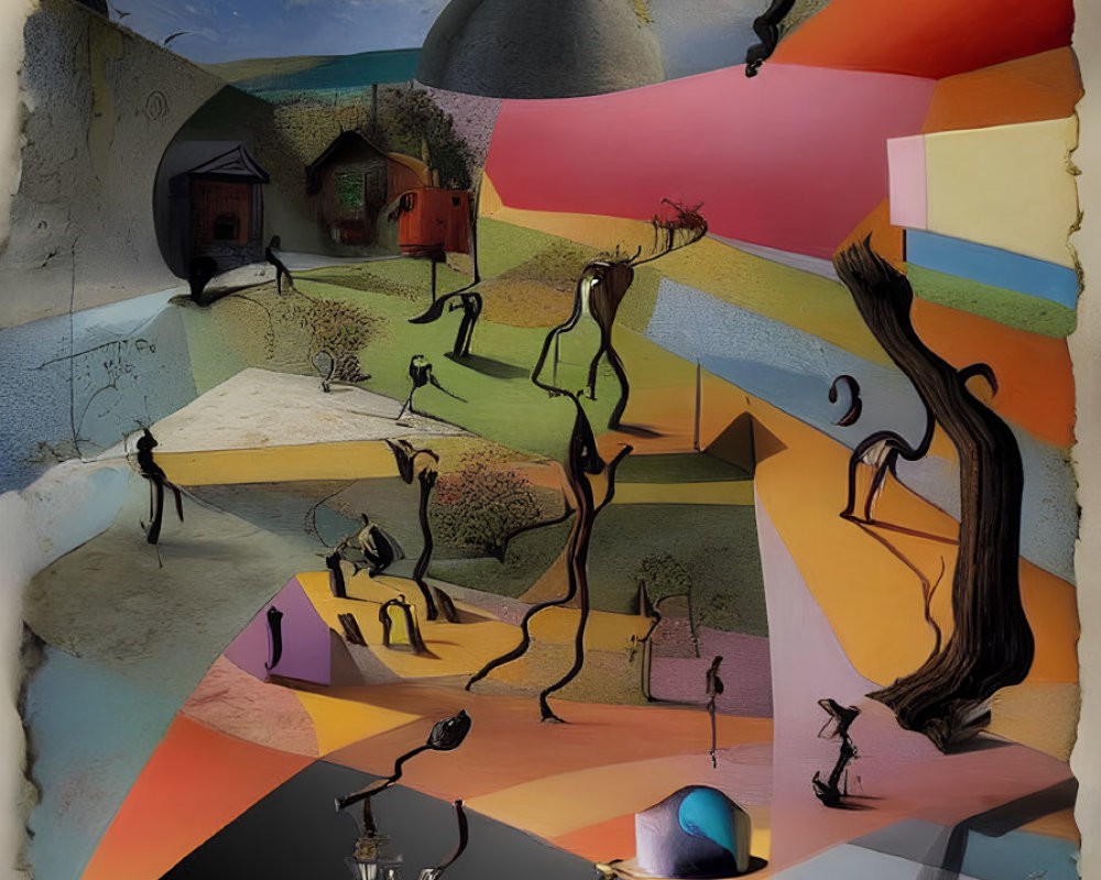 Colorful surreal artwork: elongated shadowy figures on fragmented landscape