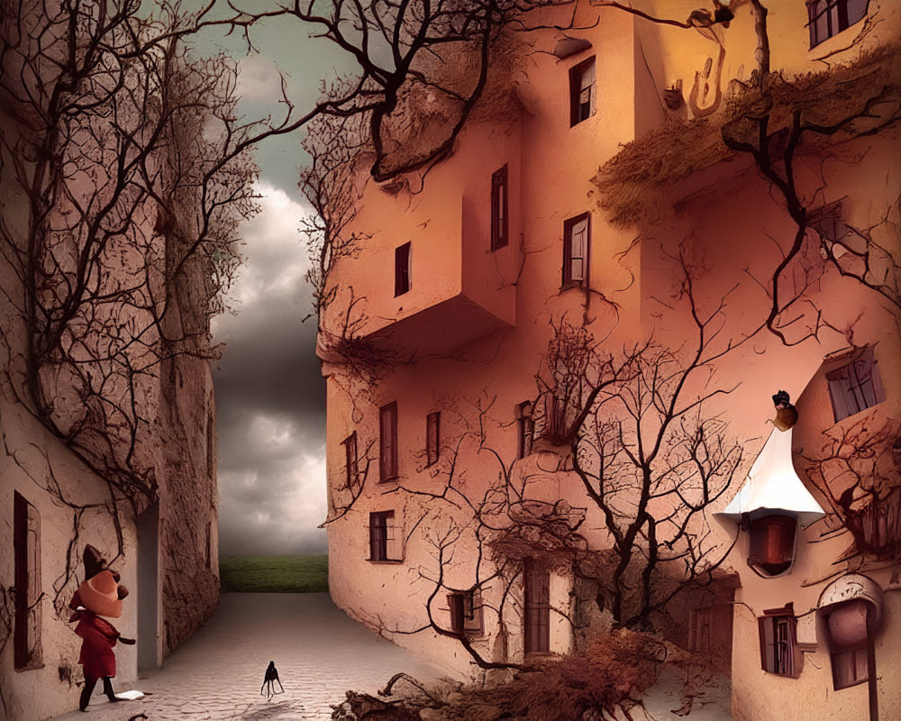 Whimsical accordion musician in surreal cityscape with cat