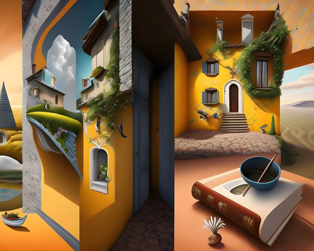 Surreal artwork: architecture and landscapes with book, spoon, fruit bowl