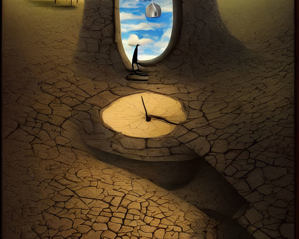 Surreal painting: cracked desert landscape and seascape in hourglass mirror frame