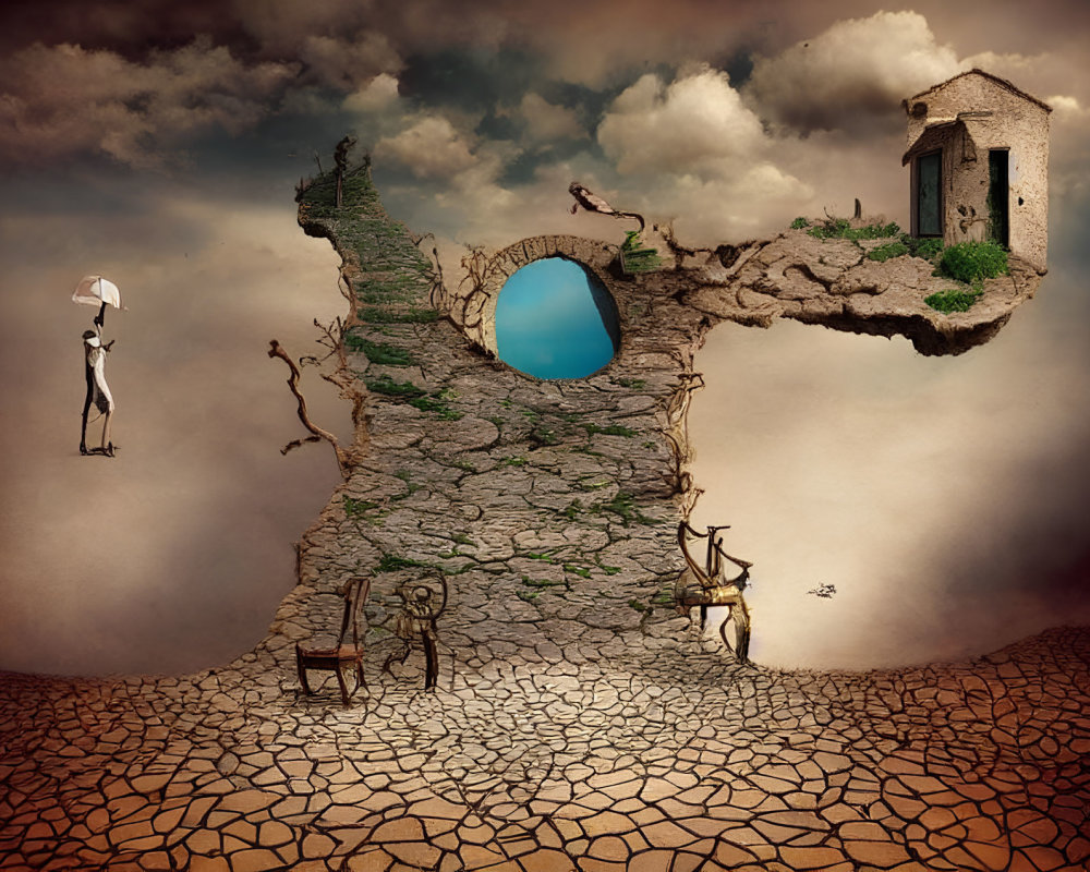 Surreal landscape with cracked earth, rock formation, door, window, plants, figure, and