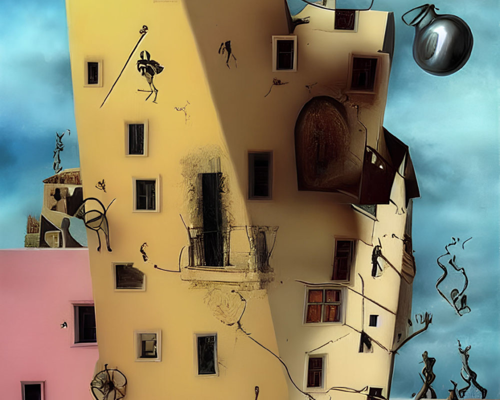 Distorted building with whimsical characters defying gravity